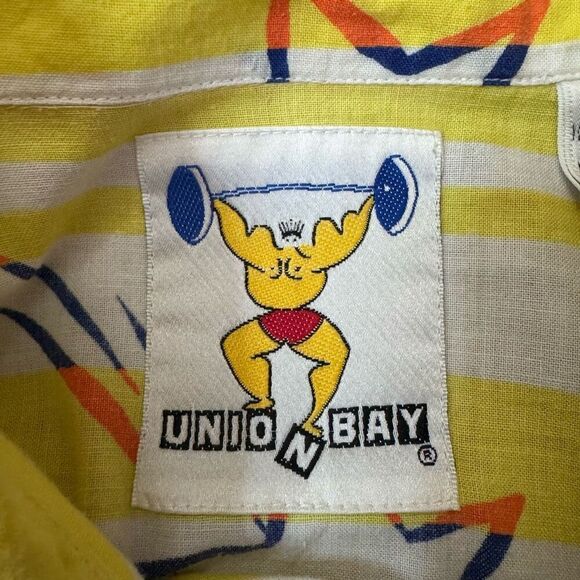 Vintage Union Bay M Star Print Stripe Polo Shirt Yellow White Stripe Funky 80s - Picture 2 of 5